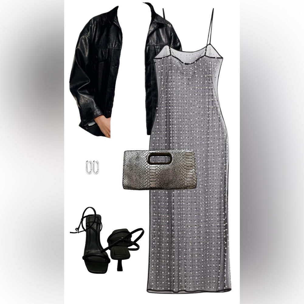 H&M Sheer Black Pearl-Embellished Mesh Slip Dress | Evening / Layering Piece